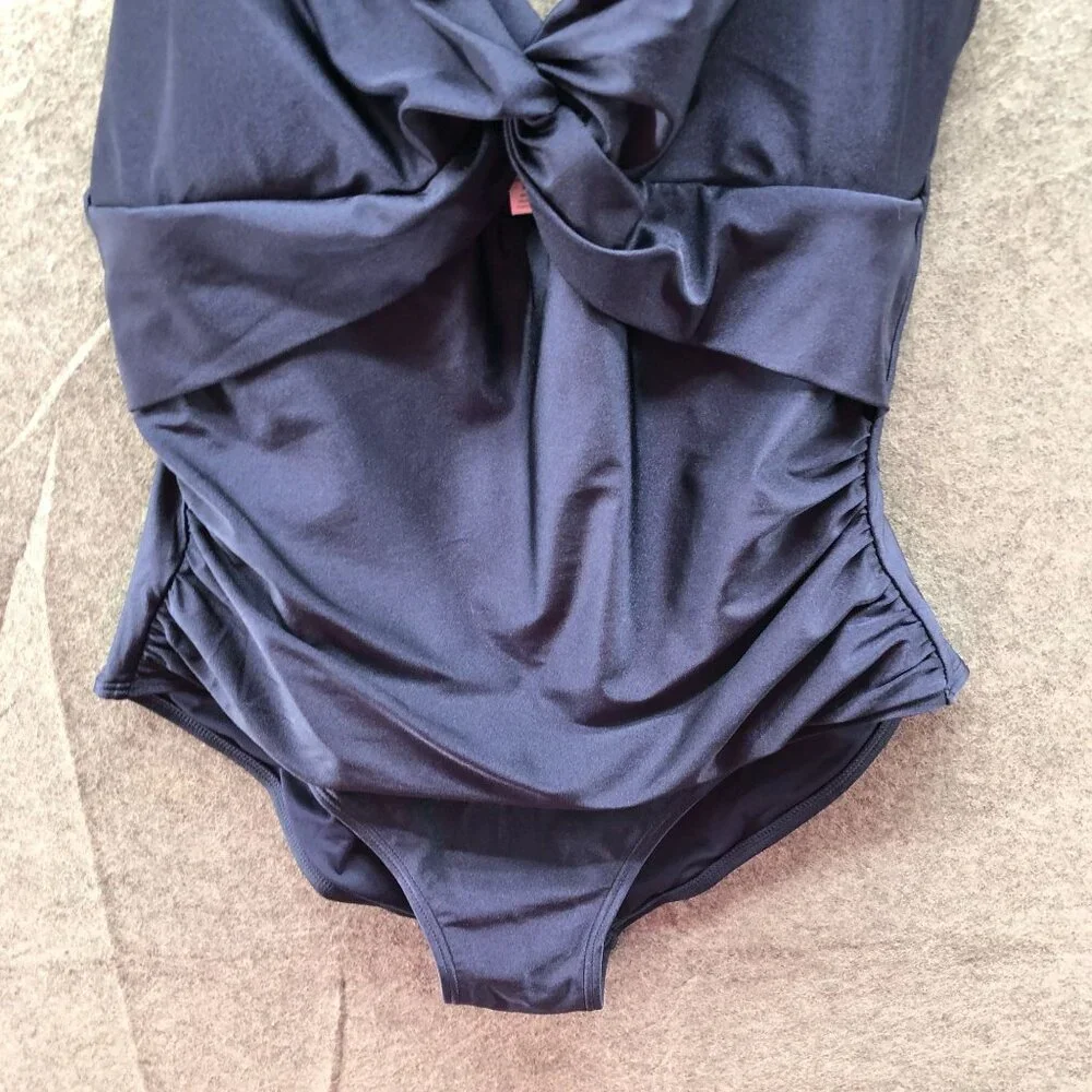 DKNY One Piece Swimsuit Womens XL Navy Blue V-Neck Cut Out Twist Front Ruched‎ - Picture 4 of 10
